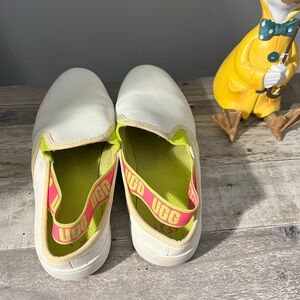 UGG White Slip-On Mules with Pink Logo Heel Strap and Lime Green Lining